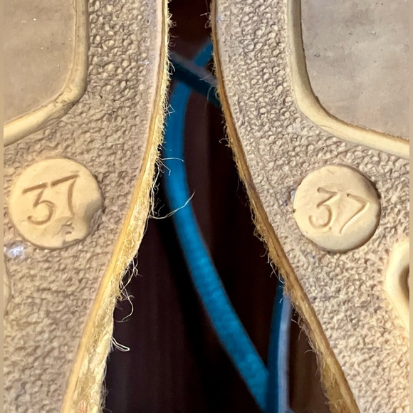 VTG E Made In Italy Colorblock Wedge Espadrilles Sz 37 Cream/Orange/Yellow/Gold - Picture 11 of 16